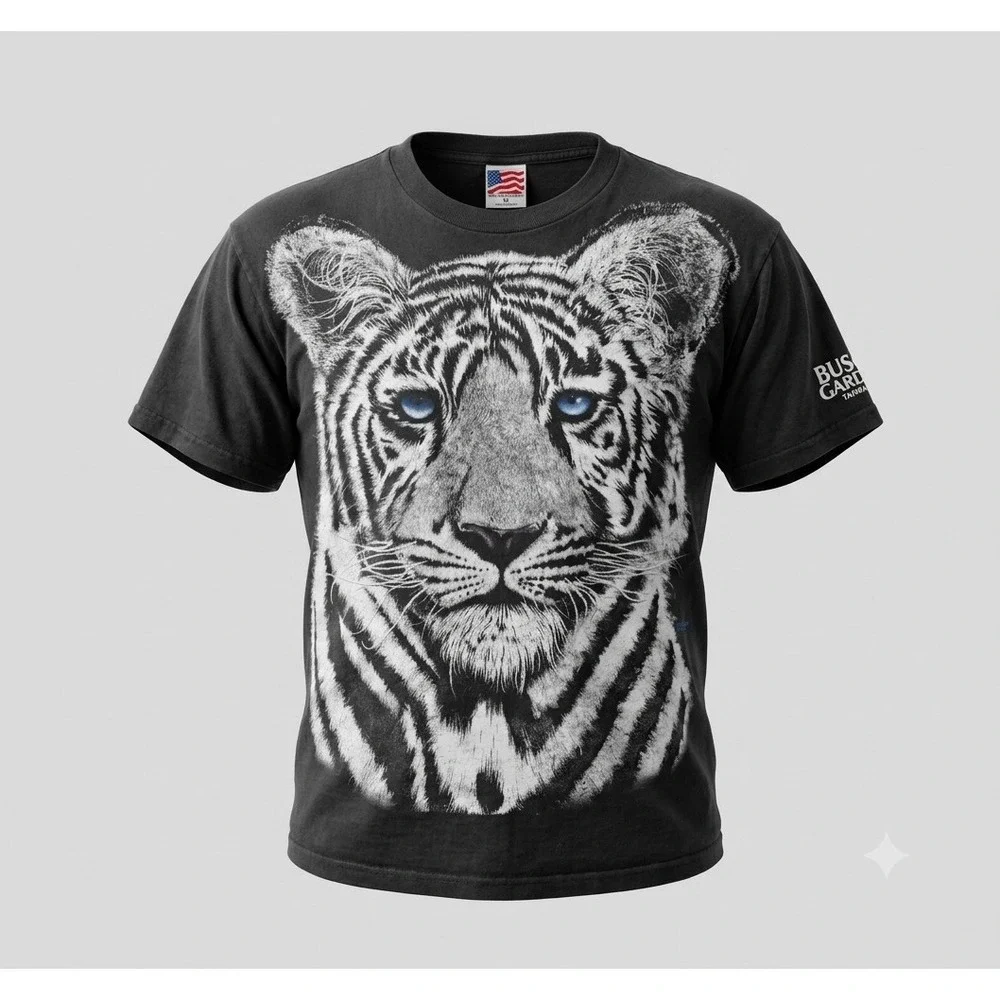 Trinity Products Vintage 1994 Men's White Tiger Print Black T-Shirt. Size XL